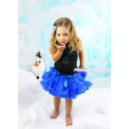 Frozen Black Tank Top with Light Blue Ruffles & Sparkle Goldenrod Bow with Sparkle Crystal Bling Rhinestone Princess Anna Print & Royal Blue Pettiskirt with Anna & Elsa & Kristoff Bow Clip MG1235